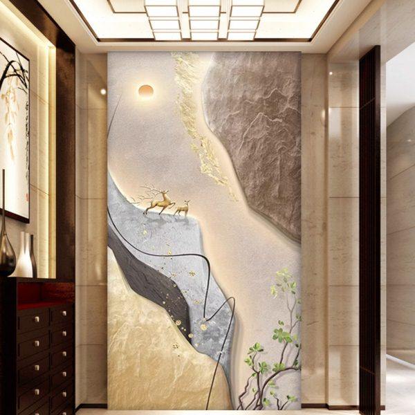 现代简约玄关装饰画轻奢福鹿入户过道壁纸高档抽象寓意好走廊壁画