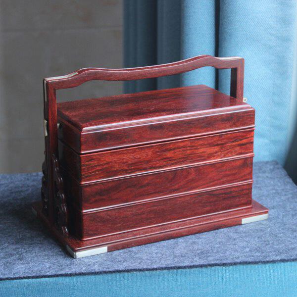 提多层木小叶紫檀收纳盒雕刻盒盒婚庆便当盒红木餐盒提木盒点心