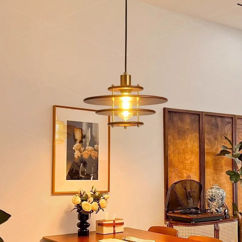 中古风实木飞碟餐厅灯PH5吊灯胡桃木G色复古吧台餐桌民宿茶室灯具