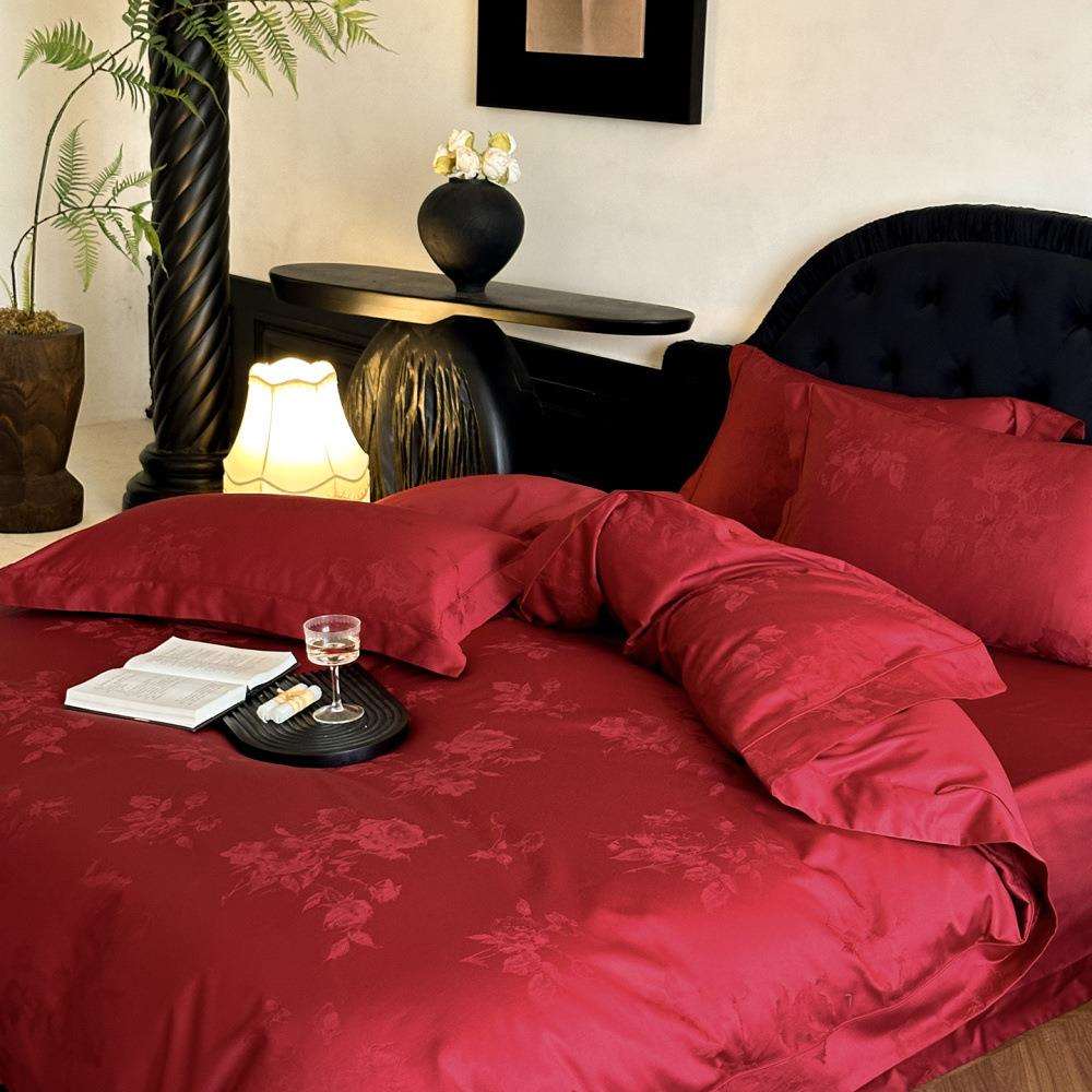 轻奢风格100支长绒棉提花四件套纯棉贡缎大红色被套床单床上用品