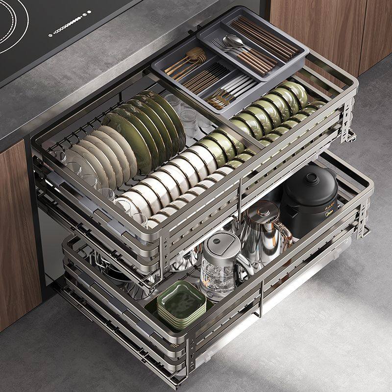 不锈钢厨房橱柜拉篮碗柜双层收纳抽屉式抽拉碗篮调味盘碗碟架,厨房/烹饪用具,碗架,淘宝优惠券,粉丝福利购,淘宝优惠卷