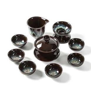 窑变功夫茶具套装家用陶瓷天目釉建盏钧窑茶壶杯子盖碗泡茶器整套