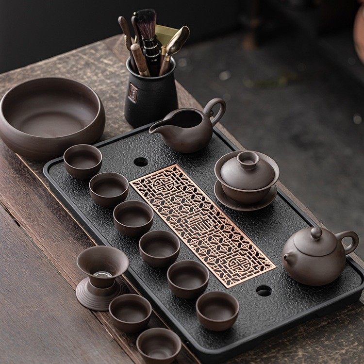 整套紫砂功夫茶具泡茶壶盖碗茶杯乌金瓷石储排双用茶盘小套装家用