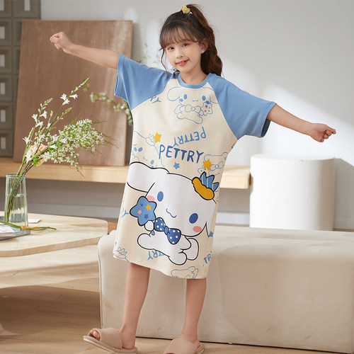 女童睡裙夏季纯棉薄款短袖卡通大童小女孩玉桂狗儿童睡衣裙家居服