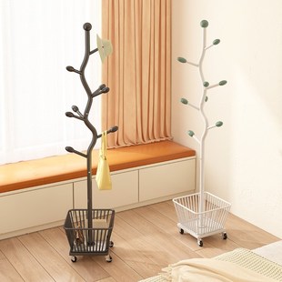 家用衣帽架卧室落地挂衣架子可移动收纳篮脏衣篓床边立式树杈入户
