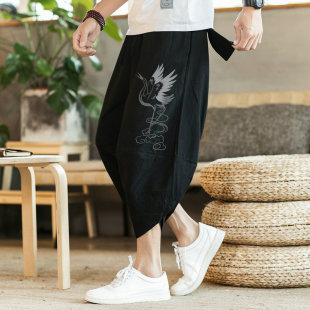 男款 宽松阔腿七分哈伦裤 夏季 大码 中国风棉麻灯笼裤 亚麻印花八分裤