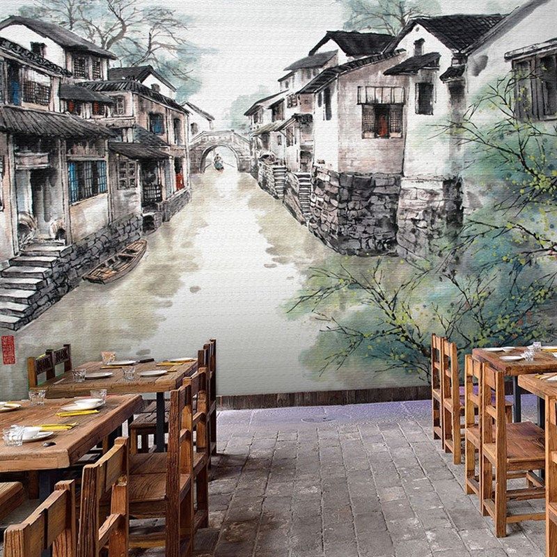 中式江南水乡水墨画壁纸饭店餐厅装饰墙纸徽派建筑火锅店包厢壁画