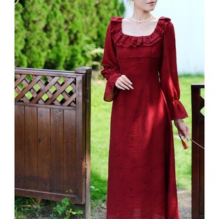 鹿与玫瑰新中式 气质红色连衣裙女早秋收腰显瘦订婚礼服裙 复古长袖