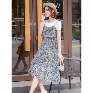 雪纺连衣裙夏季2025新款减龄高级感小个子气质修身假两件翠花裙子