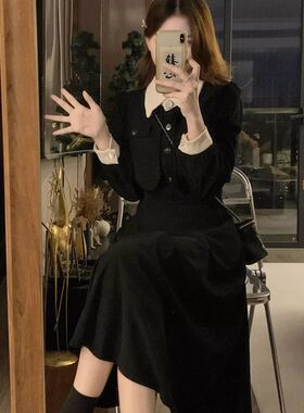 法式赫本黑色连衣裙子秋冬2023新款女早秋装搭配一整套长袖长裙冬