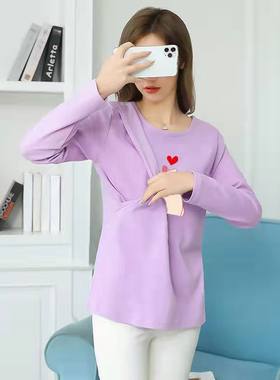 春秋季纯棉月子服哺乳上衣产后孕产妇外出长袖t桖喂奶衣宽松辣妈