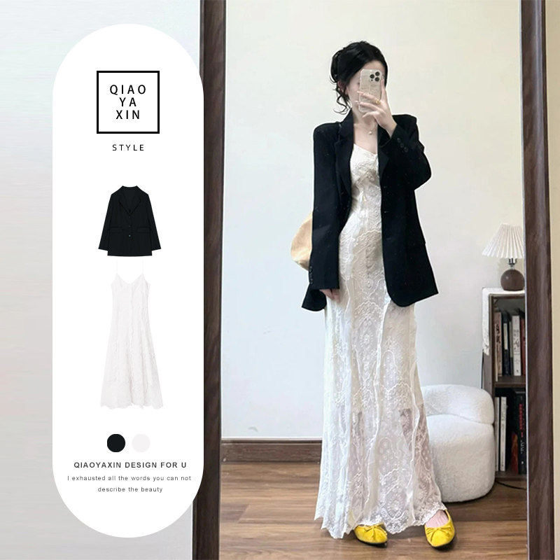 法式蕾丝吊带连衣裙子女2025早秋巨好看的超火气质一整套ootd穿搭