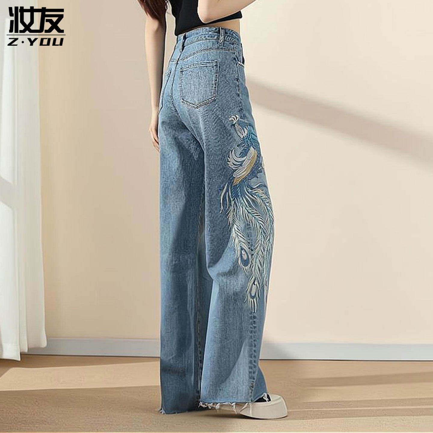 新中式国风刺绣牛仔裤女春装2026新款长裤高腰阔腿裤爆款直筒裤子