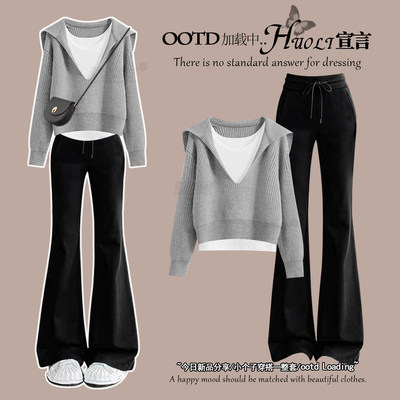 韩系早春季穿搭职业休闲套装女2026超火春装一整套巨好看的针织衫