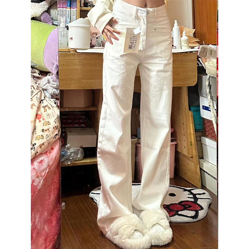 米白色直筒牛仔裤女2025年夏季薄款高腰宽松显瘦百搭阔腿拖地裤子