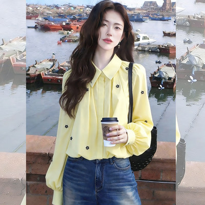 法式polo领长袖衬衫女春季设计感小众甜美立体花饰高级感气质衬衣