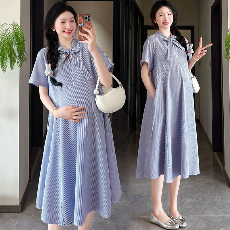 孕妇装夏装时尚设计感显瘦条纹连连衣裙