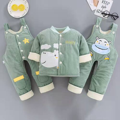 3-6个月婴儿冬季棉衣套装加厚背带裤0-1岁男宝宝衣服秋冬装三件套