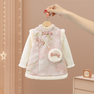 女童旗袍洋装冬装加厚时髦洋派汉服儿童女宝宝公主裙一周岁礼服