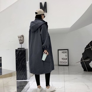 港风工装 2021春秋新款 宽松过膝大码 韩版 学生连帽外套 风衣女中长款