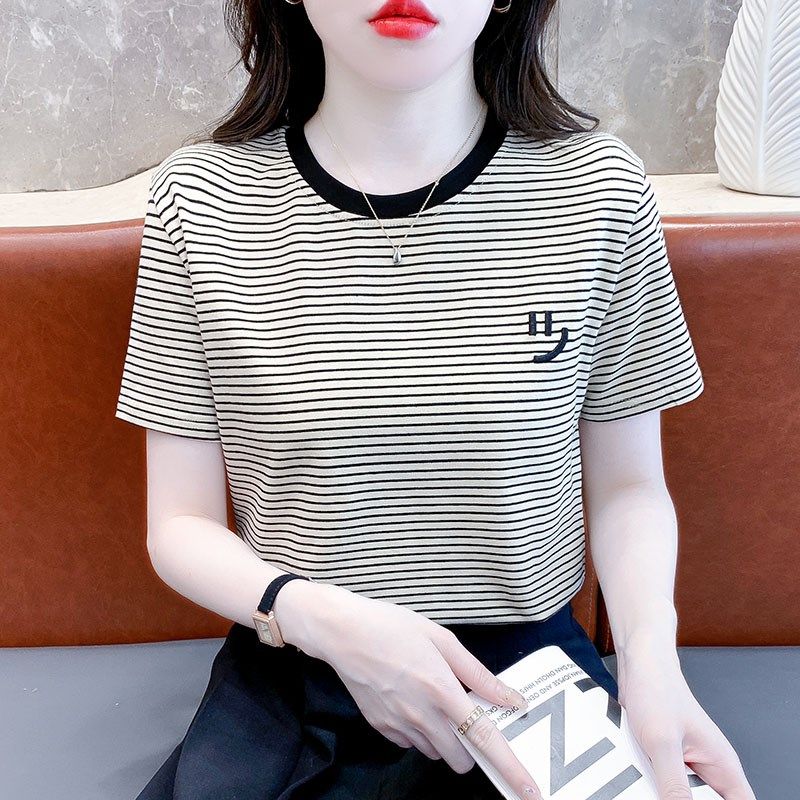 夏季韩版条纹t恤女刺绣设计感小众上衣2024新款纯棉短袖女装体恤,女装/女士精品,时尚防晒服,淘宝优惠券,粉丝福利购,淘宝优惠卷