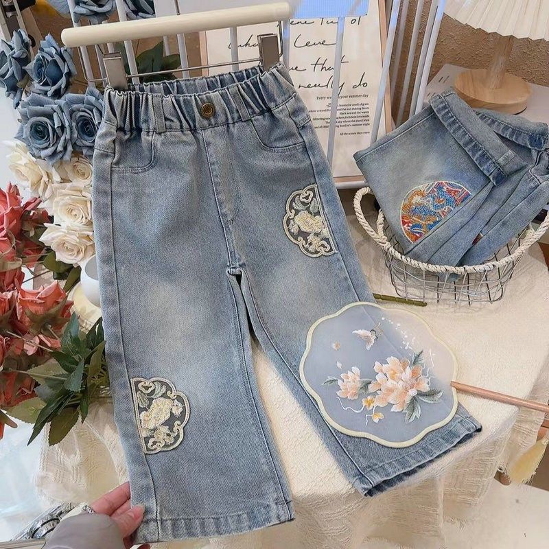 女童牛仔裤2024春秋新款长裤洋气国风刺绣网纱直筒裤儿童休闲裤子,童装/婴儿装/亲子装,儿童牛仔裤,淘宝优惠券,粉丝福利购,淘宝优惠卷