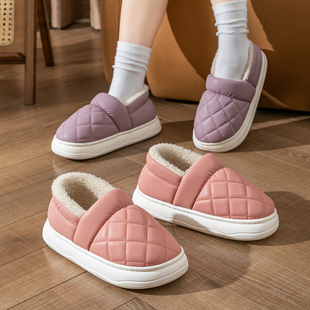 棉拖鞋女士冬季包跟款室内居家用加绒加厚保暖防滑防水皮棉鞋外穿