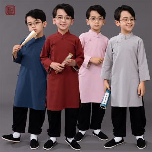夏季薄款儿童长衫棉麻相声大褂男童演出服朗诵表演唐装民国风长袍