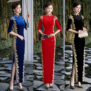 纯色形体表演出旗袍裙 走秀旗袍2022春夏新款 加长中袖 蕾丝丝绒长款