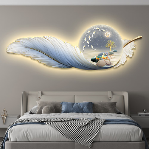 轻奢led带灯羽毛卧室床头装饰画主卧房间挂画壁画简约现代高级感
