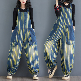 显瘦遮肉束脚灯笼裤 宽松吊带连体长裤 女秋季 文艺竖条纹牛仔背带裤