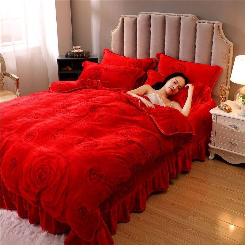 冬季加厚牛奶绒4件套双面珊瑚被套绒床裙款结婚大红婚庆四件套,床上用品,婚庆床品套件,淘宝优惠券,粉丝福利购,淘宝优惠卷