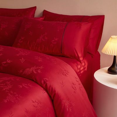 新中式竹子提花婚庆四件套红色被套新婚床单喜被结婚床上用品婚嫁