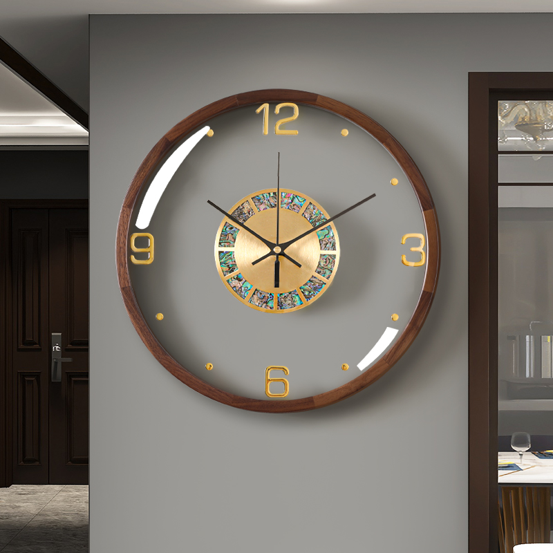 现代轻奢胡桃实木透明简约挂钟客厅时钟挂墙家用创意钟表Y2022新