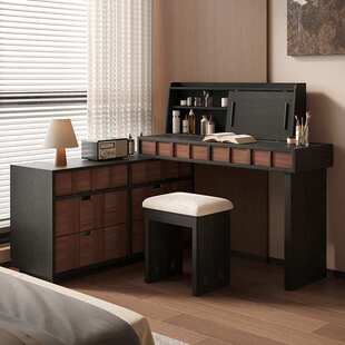 2025新款复古化妆桌斗柜一体中古风L形卧室梳妆台伸缩床尾收纳柜