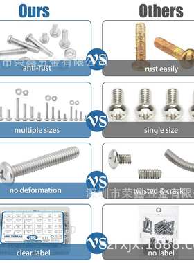 跨境700pcs/盒装美制304不锈钢十字盘头螺丝钉带螺母平垫片组合装
