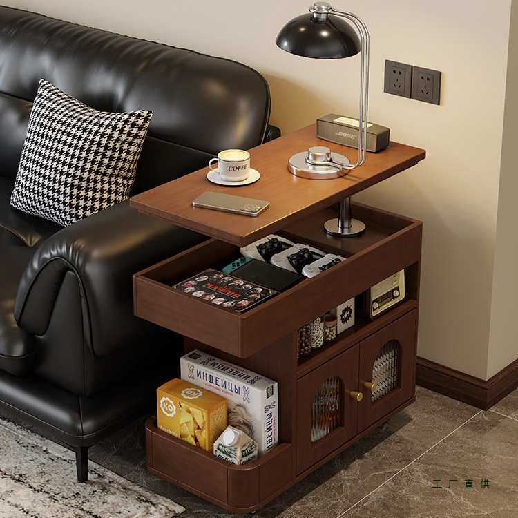 全实木可移动茶几中古风可升降折叠边几小户型客厅家用沙发小推车