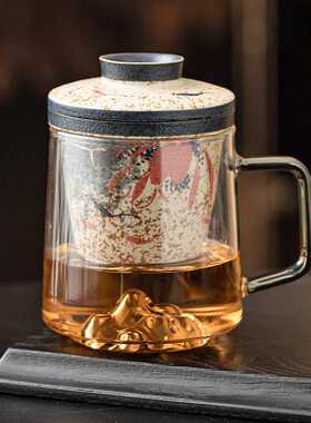青花火石红茶水分离杯子描金荷韵锦鲤云归办公杯喝茶杯高档马克杯