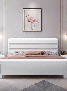现代简约白色烤漆实木床橡木1.2m单人1.5m双人床1.8m2米2.2米大床
