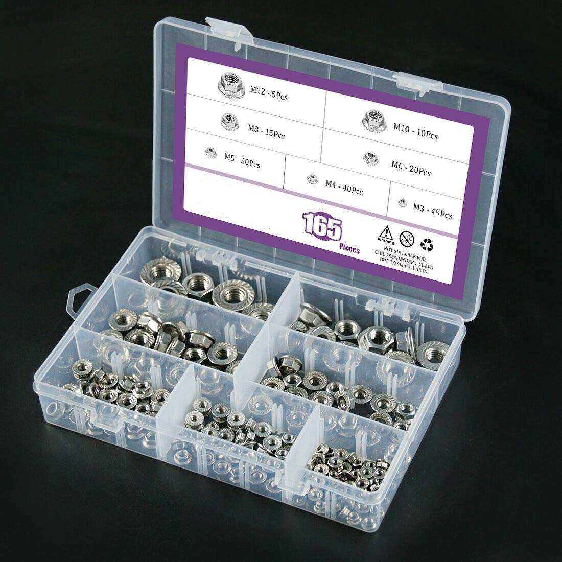165pcs304不锈钢DIN6923六角法兰螺母M3~M12跨境盒 装螺母套装