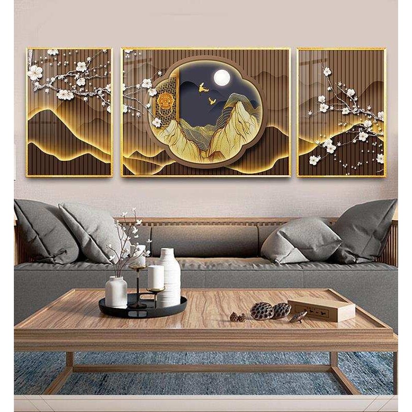 轻奢抽象意境客厅沙发背景壁画金山吉祥飞鸟植物入户三联装饰画