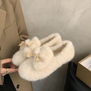 蝴蝶结仙女风厚底毛毛鞋女冬外穿保暖加绒时尚一脚蹬豆豆棉鞋