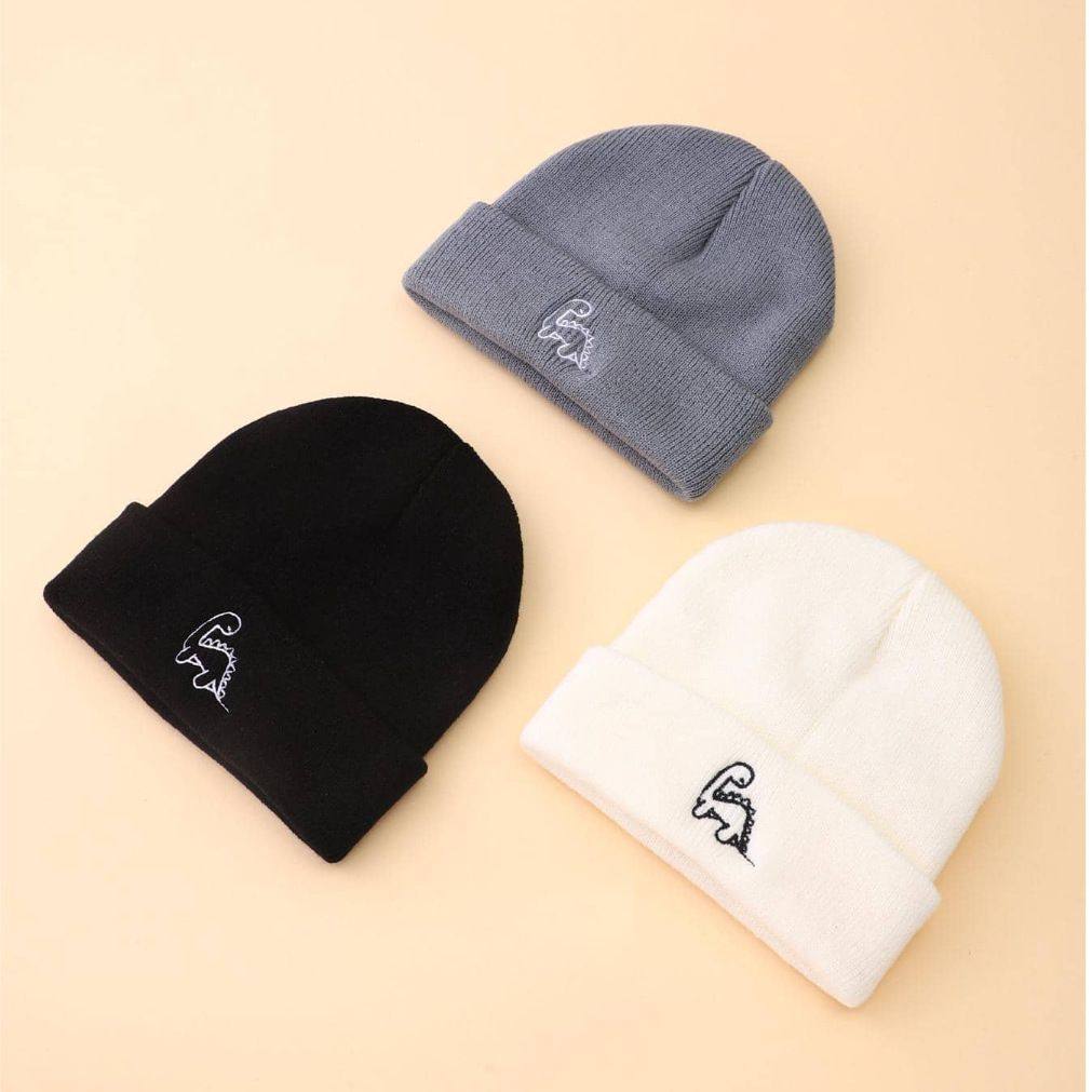 秋冬新款男童女童同款休闲简约百搭潮流恐龙刺绣针织帽（三组合）