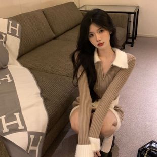 港味茶里茶气秋冬款一整套女套装可爱短款针织开衫包臀