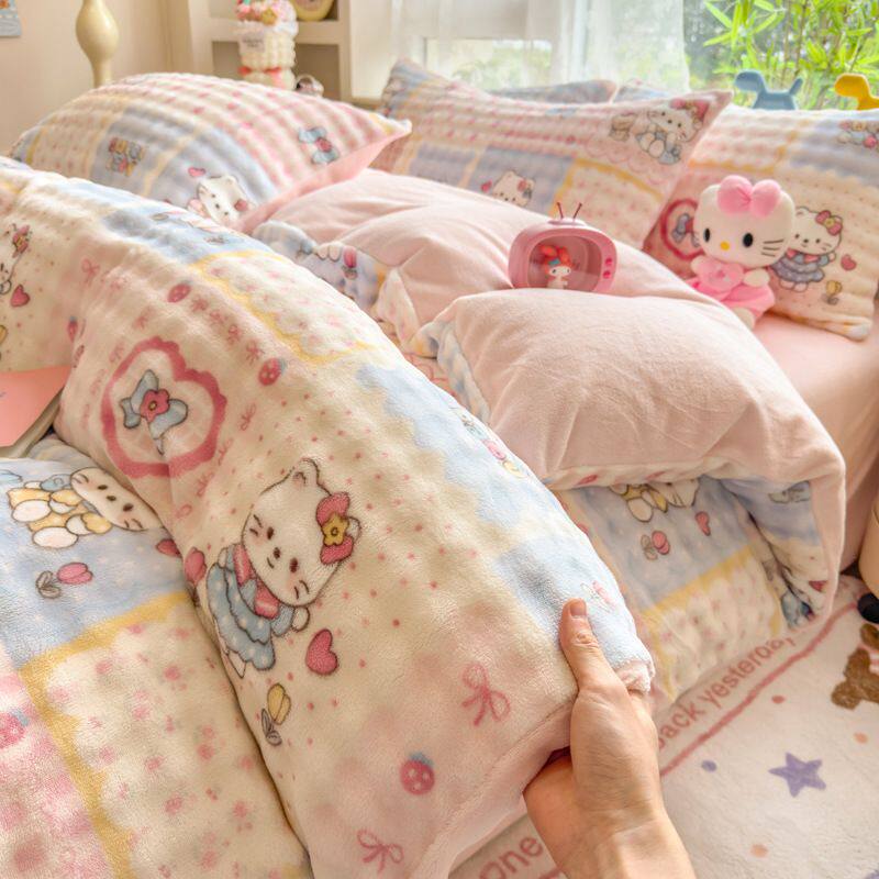 秋冬季可爱牛奶绒泡泡绒床上四件套加厚被套单件宿舍床单三件套