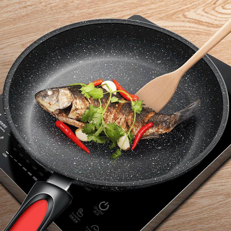 麦饭石炒锅电磁炉平底锅不粘锅煎饼锅家用无烟煎锅炒菜锅通用锅具