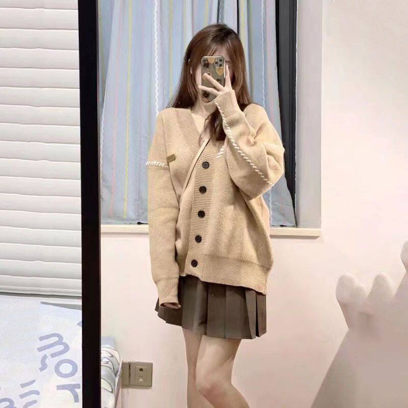 秋冬季新款盐系甜美学院针织开衫毛衣女学生高腰显瘦百褶裙套装