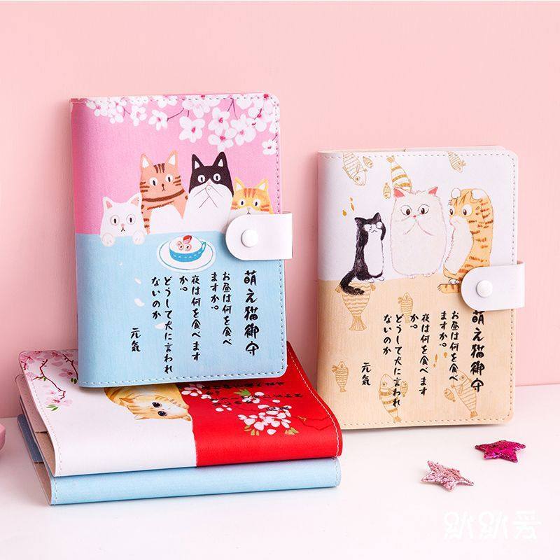 日式猫咪按扣彩页手账本软皮记事本日记本厚计划本日程笔记本文具
