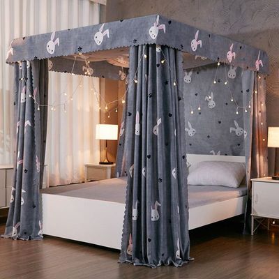 家用三开门遮光床幔卧室落地防风保暖床帘四季通用防尘顶蚊帐支架