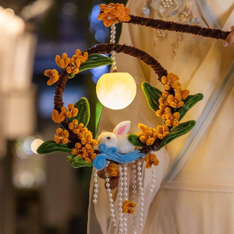 中秋节扭扭棒兔子花灯手工diy材料灯笼挂件儿童手提发光花环挂饰